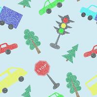 Seamless pattern with hand drawn cars on blue background in childrens naive style. vector