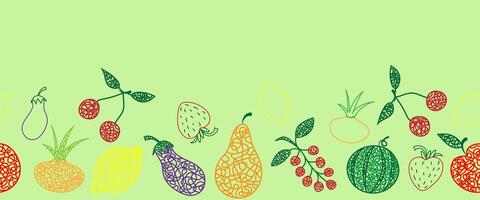 Seamless pattern border with hand drawn watermelon, cherry, apple, pear, lemon, strawberry, eggplant, currant, onion on green background in childrens naive style. vector