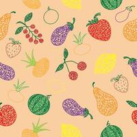 Seamless pattern with hand drawn watermelon, cherry, apple, pear, limon, strawberry,eggplant,currant, onion on beige background in childrens naive slyle. vector