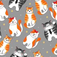 Seamless pattern with many different red, grey cats on grey background. Illustration for children. vector