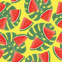 Seamless pattern with hand drawn watermelon slace and tropical monstera leaves on yellow background. vector