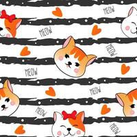 Seamless pattern with many different red heads of cats on white striped background. Illustration for children. vector