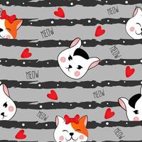 Seamless pattern with many different red and black and white heads of cats on grey striped background. Illustration for children. vector