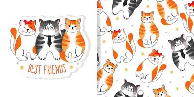 Set of card and seamless pattern with grey and red striped cats on white background. Illustration for children, fabric. vector