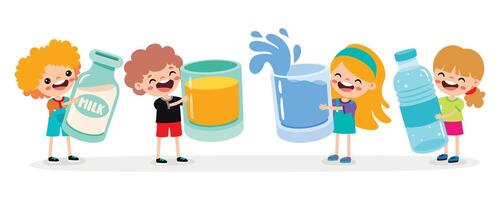 dibujos animados niños Bebiendo varios bebidas vector