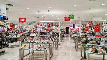 Bekasi, Indonesia on December 20 2023. Various types of shoes and sandals at the Matahari Mall store. photo