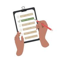 Checklist. Hands marking a check mark with a pencil on a paper checklist. vector