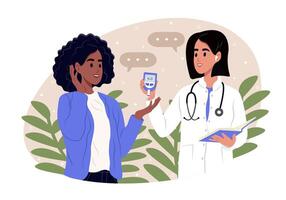 World Diabetes Day banner. A young smiling female doctor measures the sugar level of a woman with a glucometer. vector