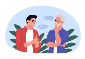 A pair of deaf and mute people communicate using sign language. An elderly man and a hearing-impaired young man. vector