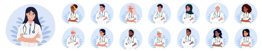 conjunto de sonriente doctores, retratos de diferente de masculino y hembra médico trabajadores en uniforme con estetoscopios diversidad, multiétnico sociedad. ilustración aislado en blanco antecedentes vector