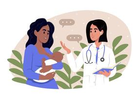 nacional pediatra día. un pediatra y un madre con un bebé en su brazos de diferente Razas y siglos. vector