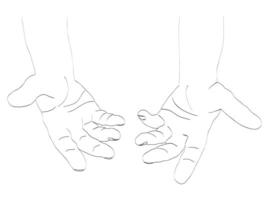 Human open hands. Pair of men hands with exposed palm, request or donation. Line art vector