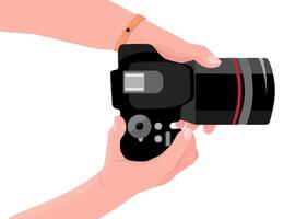 Hands with photo camera. First-person view. Copy space for your own pictures. Digital photo camera. Making photo for advertising, banner, poster, card vector