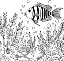 colorante libro pescado y peces para niños colorante libro negro y blanco, pescado nadar y algas marinas vector