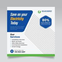 Renewable and sustainable solar energy square social media post flyer and web banner template. vector