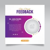 Client feedback review or client testimonial design for social media post. customer service feedback template. client testimonial comment or quote square design vector