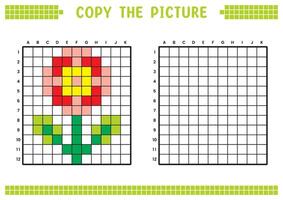 Copy the picture, complete the grid image. Educational worksheets drawing with squares, coloring cell areas. Children's preschool activities. Cartoon, pixel art. Flower plant illustration. vector