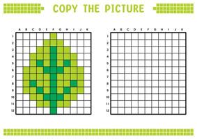 Copy the picture, complete the grid image. Educational worksheets drawing with squares, coloring cell areas. Children's preschool activities. Cartoon, pixel art. Leaf illustration. vector