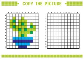 Copy the picture, complete the grid image. Educational worksheets drawing with squares, coloring cell areas. Children's preschool activities. Cartoon, pixel art. Cactus and pot illustration. vector