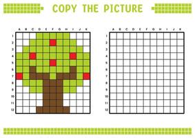 Copy the picture, complete the grid image. Educational worksheets drawing with squares, coloring cell areas. Children's preschool activities. Cartoon, pixel art. Apple tree illustration. vector