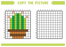 Copiar el imagen, completar el cuadrícula imagen. educativo hojas de trabajo dibujo con cuadrícula, colorante célula áreas para niños preescolar actividades. dibujos animados, píxel Arte. cactus y maceta ilustración. vector