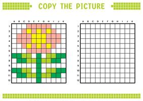 Copy the picture, complete the grid image. Educational worksheets drawing with squares, coloring cell areas. Children's preschool activities. Cartoon, pixel art. Flower plant illustration. vector