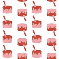 Terrible fake bloody cake. Halloween dessert with a stuck knife. Red dripping glaze. Trendy retro color. Seamless pattern. vector