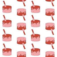 Terrible fake bloody cake. Halloween dessert with a stuck knife. Red dripping glaze. Trendy retro color. Seamless pattern. vector