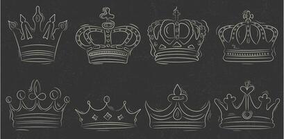 Set of royal crowns in hand drawn style, Set of crowns in white lines on gray background with grunge texture vector