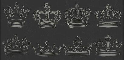 Set of royal crowns in hand drawn style, Set of crowns in white lines on gray background with grunge texture vector