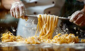 cocinero elaboración hecho en casa pasta, de cerca proceso foto