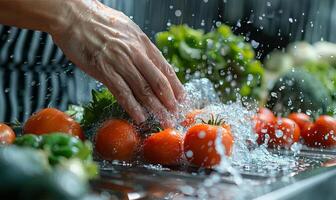 Asian couple's hands washing vegetables, kitchen closeup photo