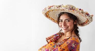 Cheerful Mexican lady in traditional dress and hat photo