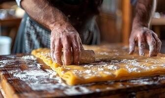 Pastry dough rolling by men, closeup detail photo