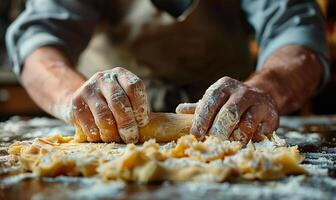 Pastry dough rolling by men, closeup detail photo