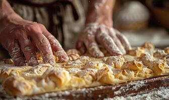 Pastry dough rolling by men, closeup detail photo