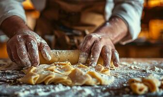 Pastry dough rolling by men, closeup detail photo