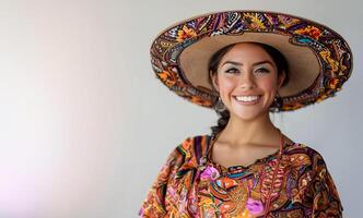 alegre mexicano dama en tradicional vestir y sombrero foto