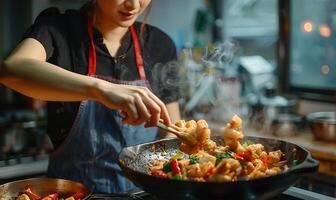 Chef creating healthy vegetarian meal, closeup photo