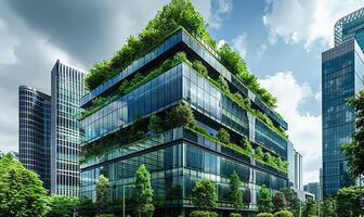 sostenible oficina refugio en un moderno paisaje urbano, promoviendo ambiental responsabilidad foto
