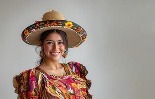 alegre mexicano dama en tradicional vestir y sombrero foto