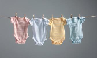 Pastel baby clothes on line, gray backdrop photo