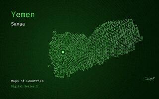 A map of Yemen depicted in zeros and ones in the form of a circle. The capital, Sanaa, is shown in the center of the circle vector