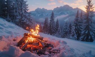 Campfire in snow, forest hill backdrop photo