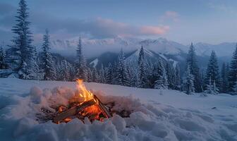 Campfire in snow, forest hill backdrop photo