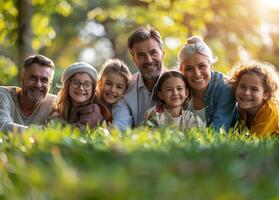 People diversity, joyful park moment on grass photo