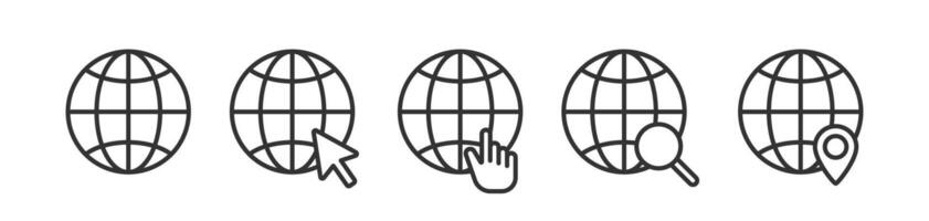 Globe mouse, hand click icon. Web search. Map pin global. Computer website. vector