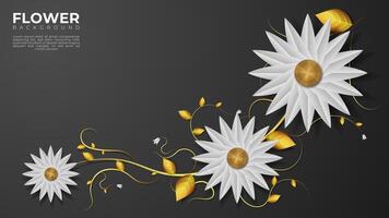 Elegant papercut style white flower background with golden leaves and stem vector