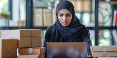 A young Muslim woman in a hijab, business woman surrounded by boxes, working on a laptop. Small business, delivery, businesswoman. Proud business owner. Bokeh effect. photo