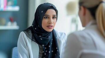 A doctor talks to a Muslim woman patient in a hijab. Close-up portrait. The concept of medicine, mental health, diversity. Background with a bokeh effect. photo